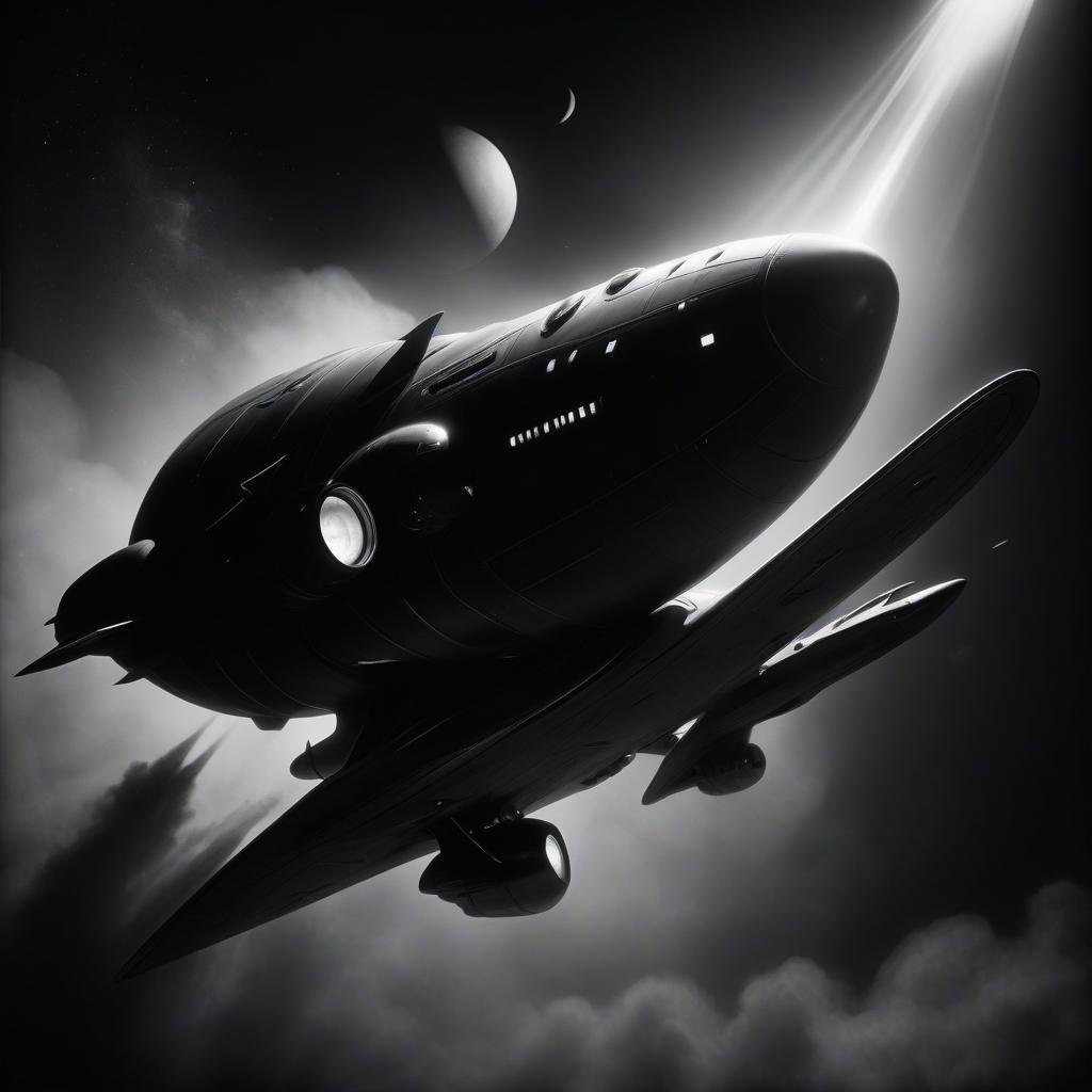  film noir style starship flies to light, dying comets . monochrome, high contrast, dramatic shadows, 1940s style, mysterious, cinematic