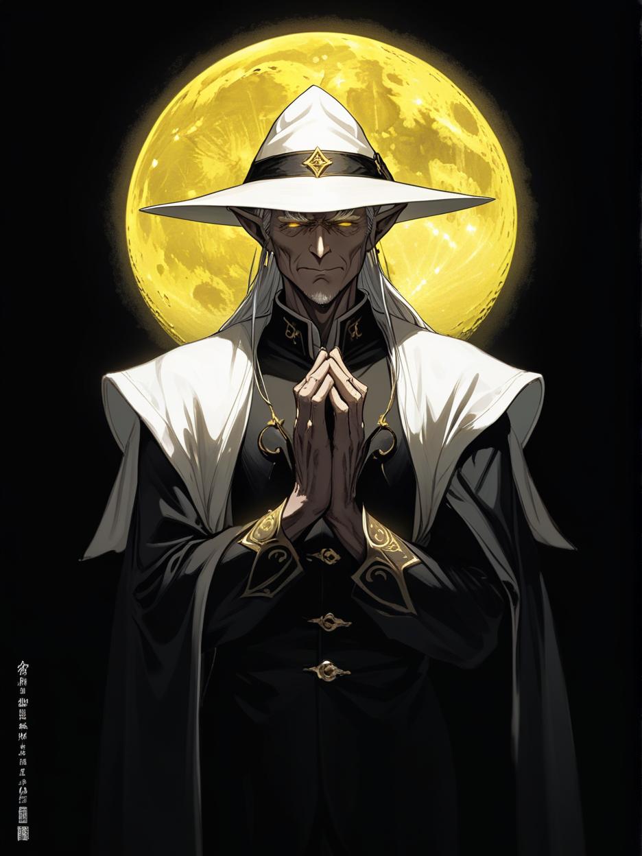  manga artwork a powerful old male elf sorcerer in a black suit and brim hat, standing with his hands clasped at his chest, his eyes shining gold, behind him a bright yellow moon. manga artist. manga, highly emotional. best quality, high resolution