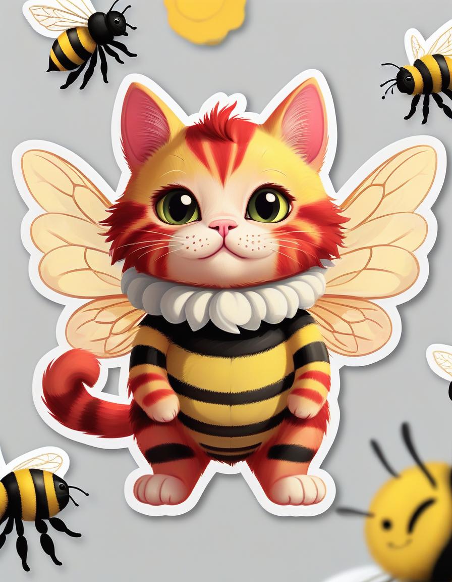  draw a red cat in a bee with wings, sticker