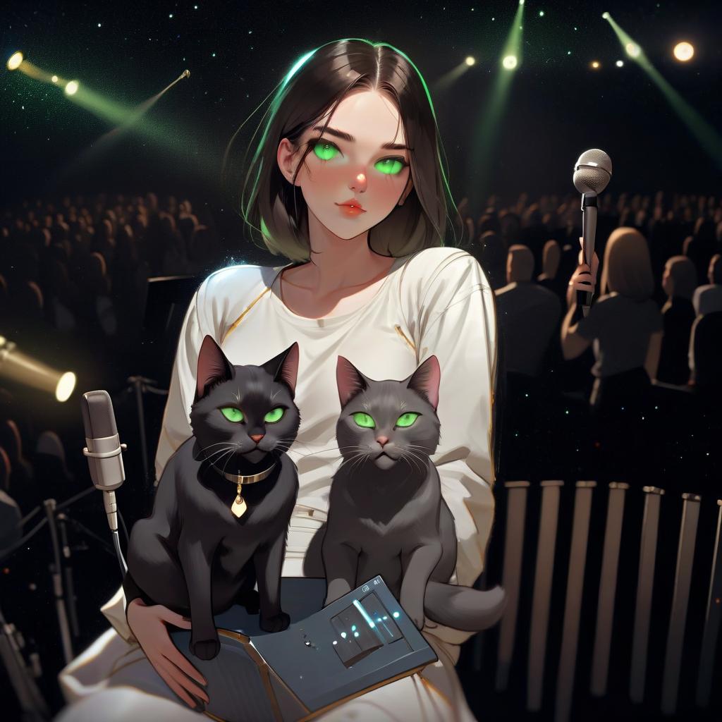  girl with dark green eyes, two cats, space, spotlights, view from the stage, microphone, music, royal grace