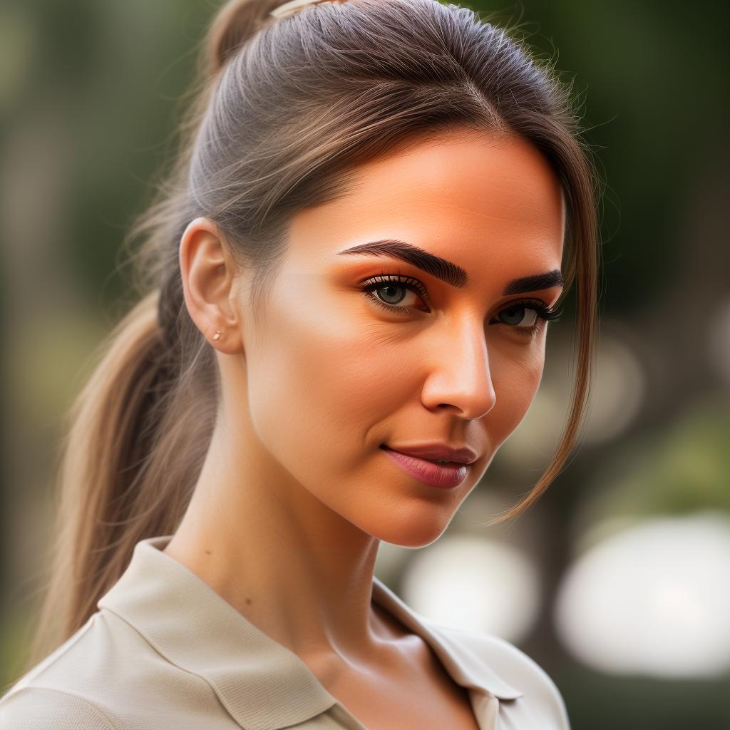  (((realistic full torso frontal head shot of a light beige to medium tan skin tone woman))), angelika sophie walter, ((caucasian heritage)), immature face, hazel eye color, ((ponytail hair style)), ((black hair color)), ((athletic body type)), medium size, size, (immature wide nose), (immature round cheeks), (immature soft jawline), (immature full lips), (immature medium forehead), (immature even eyebrows), (immature dimpled chin), standing straight looking directly into the camera,((wearing fitted polo shirt with deep v neck and monogrammed pocket)), backyard in background, 1girl, best quality, highest quality, award winning photo, masterpiece, raw, professional photography, photorealism, sharp focus, cinematic, high hyperrealistic, full body, detailed clothing, highly detailed, cinematic lighting, stunningly beautiful, intricate, sharp focus, f/1. 8, 85mm, (centered image composition), (professionally color graded), ((bright soft diffused light)), volumetric fog, trending on instagram, trending on tumblr, HDR 4K, 8K