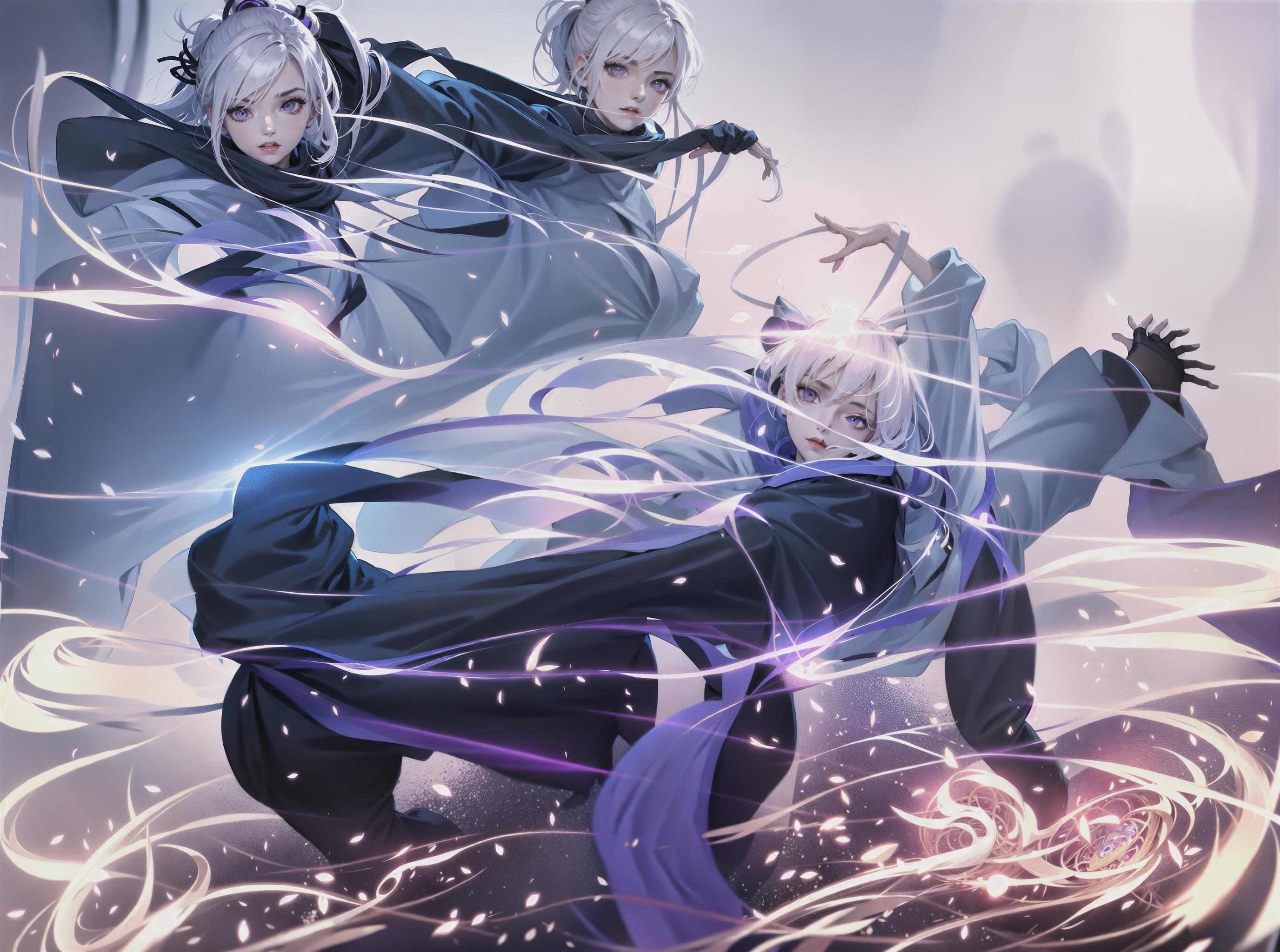  upper body, 1girl, white hair, ponytail, purple eyes, (ninja), short sword, medium breats ,scarf, wallpaper, magic circle background, light particles, blue fire