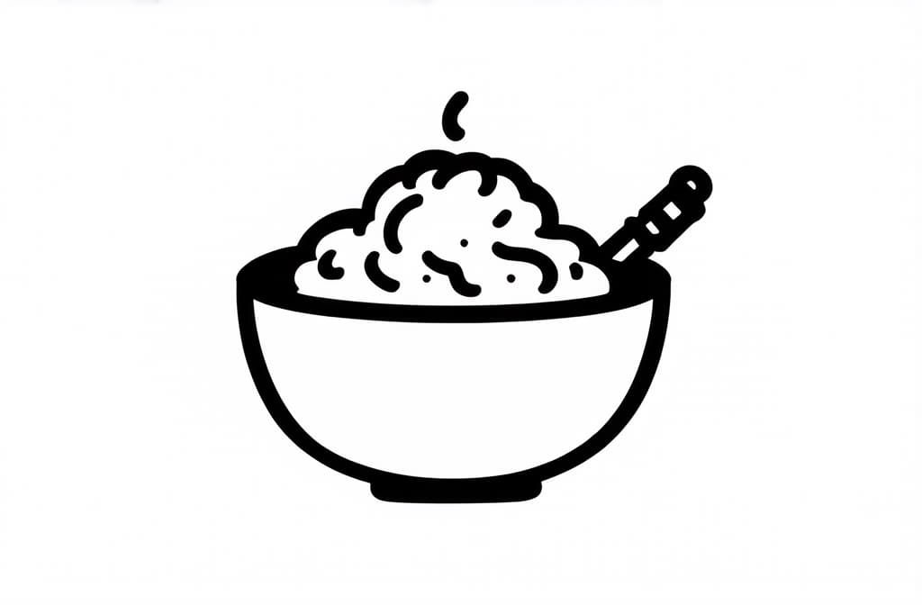  contour, very simple image in one unbroken black ink line, single line of steaming warm mashed potatoes bowl, engraving illustration, icon isolated on white background ar 3:2 using a single continuous black line ink brushon white background, drawing should be created without lifting the pen, recognizable features of steaming warm mashed potatoes bowl, engraving illustration, icon isolated on white background ar 3:2 in one unbroken line