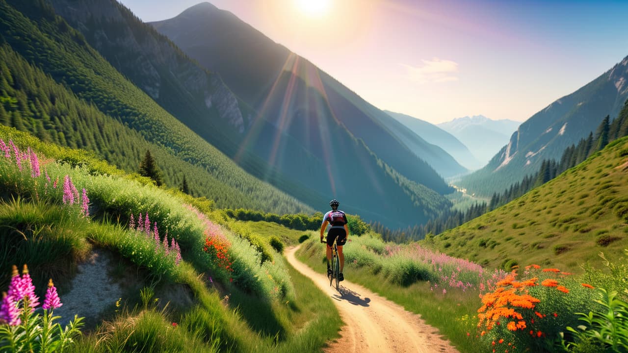  a vibrant mountain landscape with a cyclist navigating a rugged trail, surrounded by lush greenery and wildflowers. the sun shines brightly, casting dynamic shadows, while the cyclist showcases determination and energy. hyperrealistic, full body, detailed clothing, highly detailed, cinematic lighting, stunningly beautiful, intricate, sharp focus, f/1. 8, 85mm, (centered image composition), (professionally color graded), ((bright soft diffused light)), volumetric fog, trending on instagram, trending on tumblr, HDR 4K, 8K