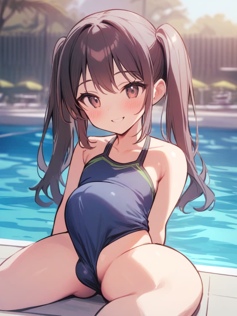  women's elementary students, twin tails, cute smiles, swimwear, man (bulge), (bulging), swimwear, poolside, whole body,