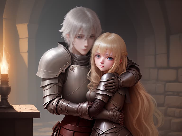  image of a girl and a knight in a dungeon who hug, anime style, 4k quality, rtx, darkness, dim torch light, web