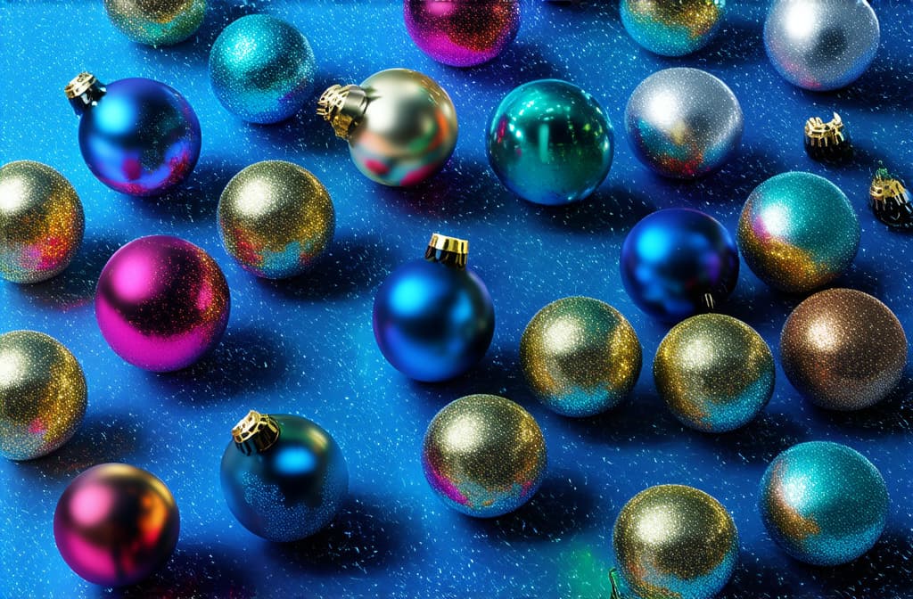  epic realistic, hyperdetailed, (cycles render:1.3), caustics, (glossy:0.58), (artstation:0.82),new year's multi colored balls with glitter, lie on a blue background on the left ar 3:2