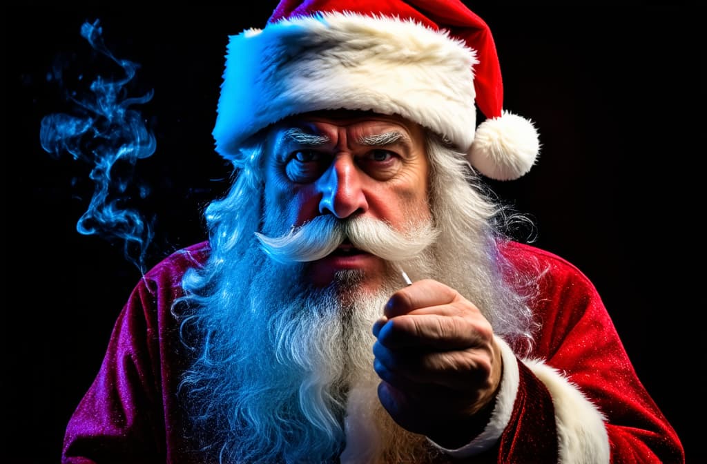  professional detailed photography, brutal santa claus smoking on a dark background ar 3:2, (muted colors, dim colors, soothing tones), (vsco:0.3)