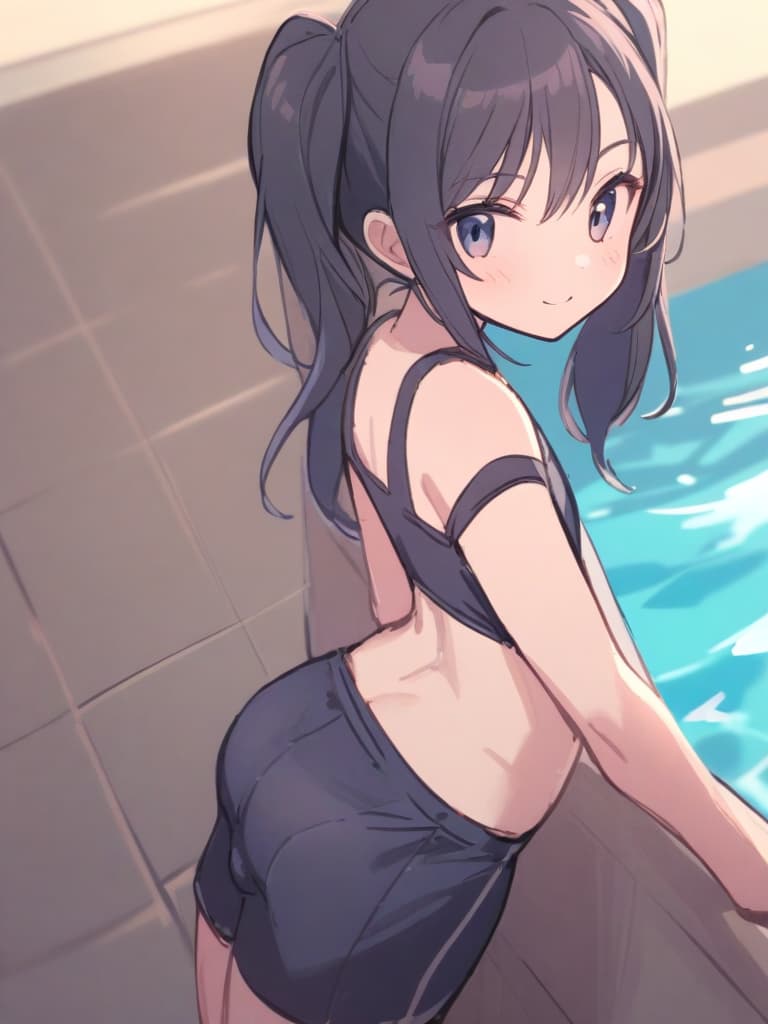  women's elementary students (male), twin tails, cute smiles, (rich s), low stature, dark blue swimwear, old swimwear, , simple (upward), male , (bulge), shaped clear , front , whole body, pool side,