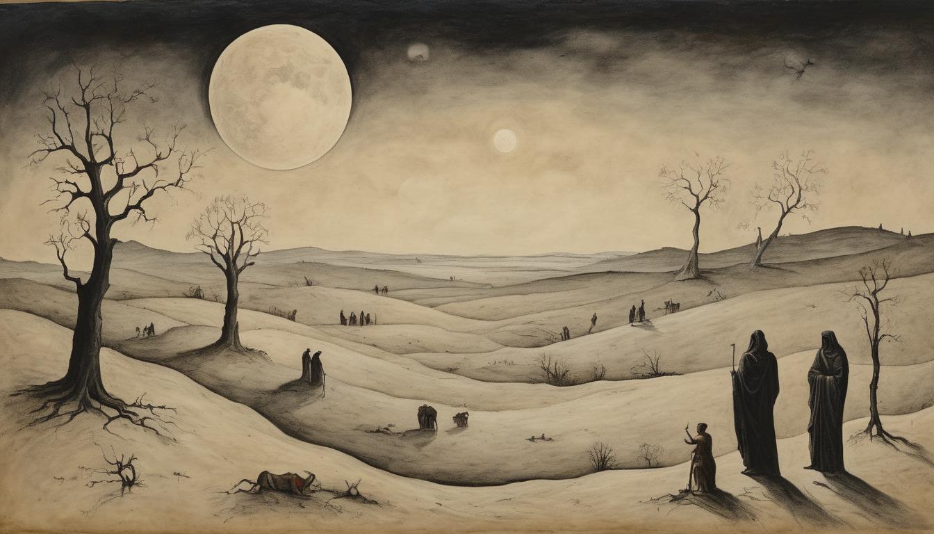  on parchment, surrealism++, eclipsing moon over a desolate landscape, figures retreating into shadows, falling away, darker tones, sense of abandonment(mysterious, provocative, symbolic)++