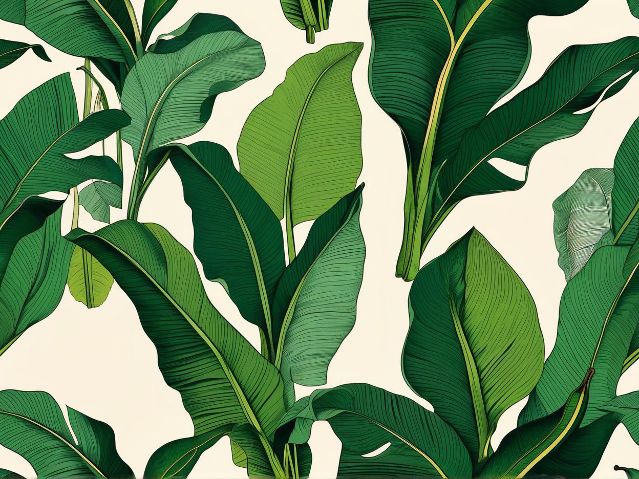  minimalism, this image features individual banana leaves, each illustrated with fine detail, highlighting their unique textures and curvature. the leaves vary in shape—some are elongated and smooth, while others appear to be slightly curled or frayed, possibly indicating different stages of growth or wear. the color palette ranges from bright, fresh greens to deeper, more mature hues, giving a realistic, dynamic representation of the plant’s natural beauty. each leaf carries its own distinct form, emphasizing their organic and fluid shapes., abstract, simple geometic shapes, hard edges, sleek contours, minimalism