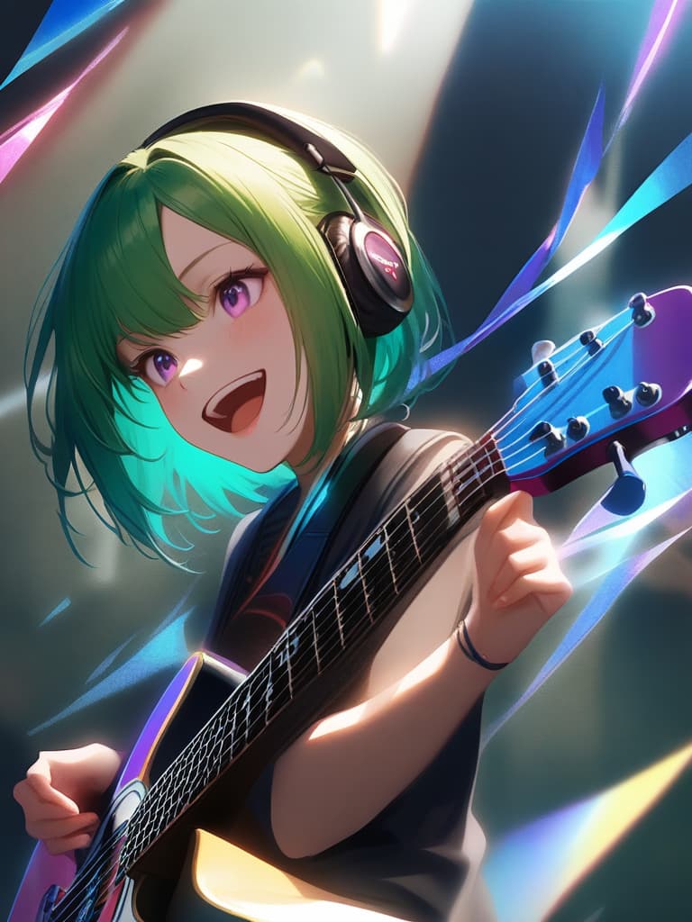  1boy,18yo,(((high school boys))),(((playing with an electric guitar:1.35))),green hair,short hair,purple eyes,headphone,very loud laugh,(((happy pose:1.5))),(((metallic focus:1.35))),music note effect,realistic