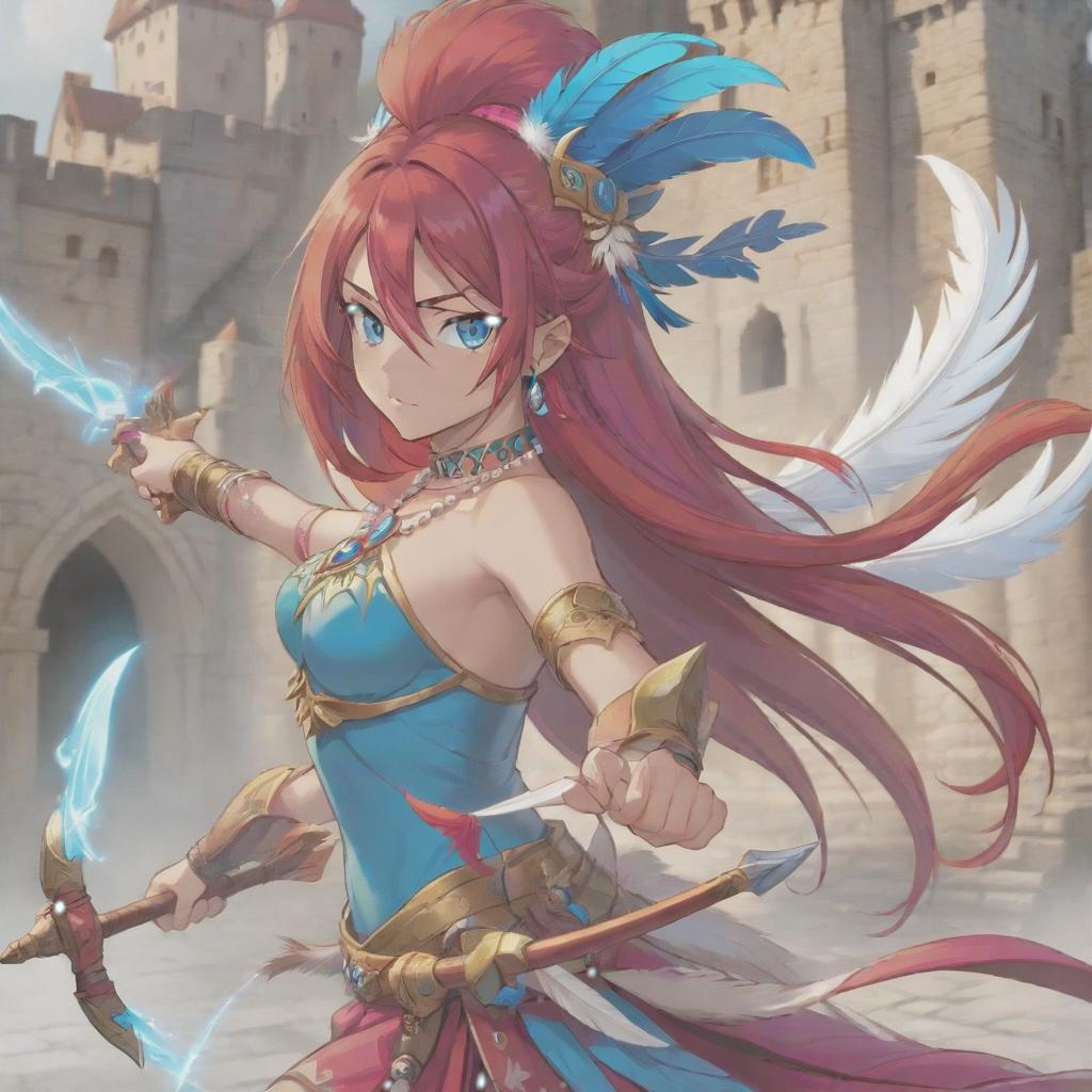  long exposure photo of portrait of strong rage amazonas queen archer. blue eye. long red hair. tilting head down, magenta mantle, shoulder pad feather, accessory necklace with pearls on the forehead, against the background of the castle siege . blurred motion, streaks of light, surreal, dreamy, ghosting effect, highly detailed, sticker, hkmagic