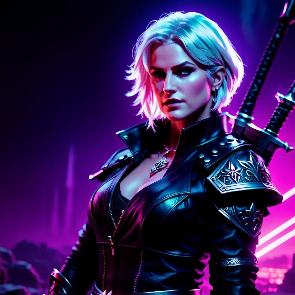  neonpunk style cirilla of the witcher . cyberpunk, vaporwave, neon, vibes, vibrant, stunningly beautiful, crisp, detailed, sleek, ultramodern, magenta highlights, dark purple shadows, high contrast, cinematic, ultra detailed, intricate, professional