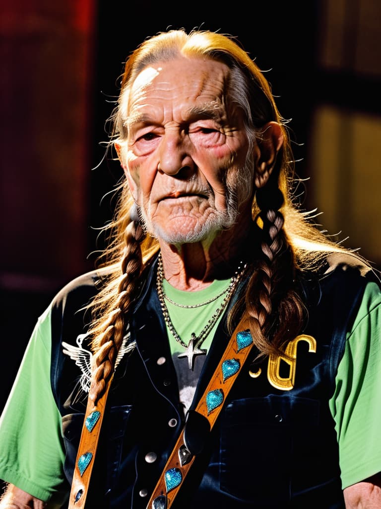  Singer Willie Nelson, medium shot, upper body, spotlight, long exposure lighting, street art style spray paint, glamour lighting