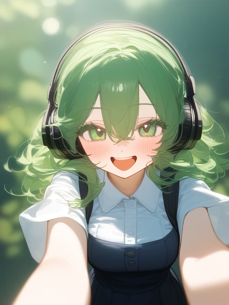  hagakure tohru bangs black clothes black blue clothing collared shirt dress shirt gloves hair between eyes long sleeves mini pleated uniform shirt shirt tucked in short sleeves rolled up sleeves uniform white shirt blush s age eyelashes woman (((with open arms:1.3))) (((i'm feeling excited))) (((headphones:1.3))) green eyes green hair big s medium length hair messy hair short hair teeth upper teeth upper teeth only smirk open mouth open mouth smile one arm outstretched smiling v sign looking at camera one woman alone english language english text text colored eyelashes curly hair ai created