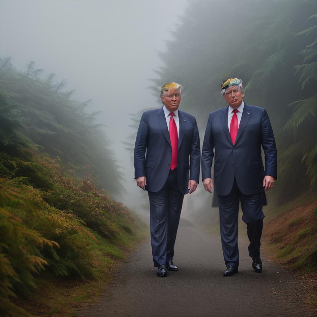  donald trump and putin friends hanging out hyperrealistic, full body, detailed clothing, highly detailed, cinematic lighting, stunningly beautiful, intricate, sharp focus, f/1. 8, 85mm, (centered image composition), (professionally color graded), ((bright soft diffused light)), volumetric fog, trending on instagram, trending on tumblr, HDR 4K, 8K