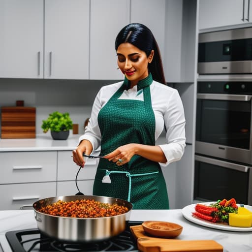  A india girl cooking with latest kitchen appliances hyperrealistic, full body, detailed clothing, highly detailed, cinematic lighting, stunningly beautiful, intricate, sharp focus, f/1. 8, 85mm, (centered image composition), (professionally color graded), ((bright soft diffused light)), volumetric fog, trending on instagram, trending on tumblr, HDR 4K, 8K