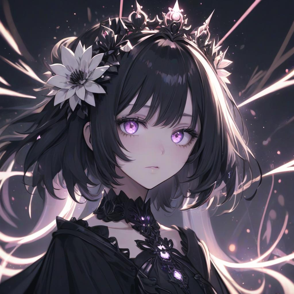  a close up of a person with a flower in their hair, concept art, pixiv contest winner, gothic art, glowing black aura, noire photo, crown of (((white lasers))), ufotable studio art style