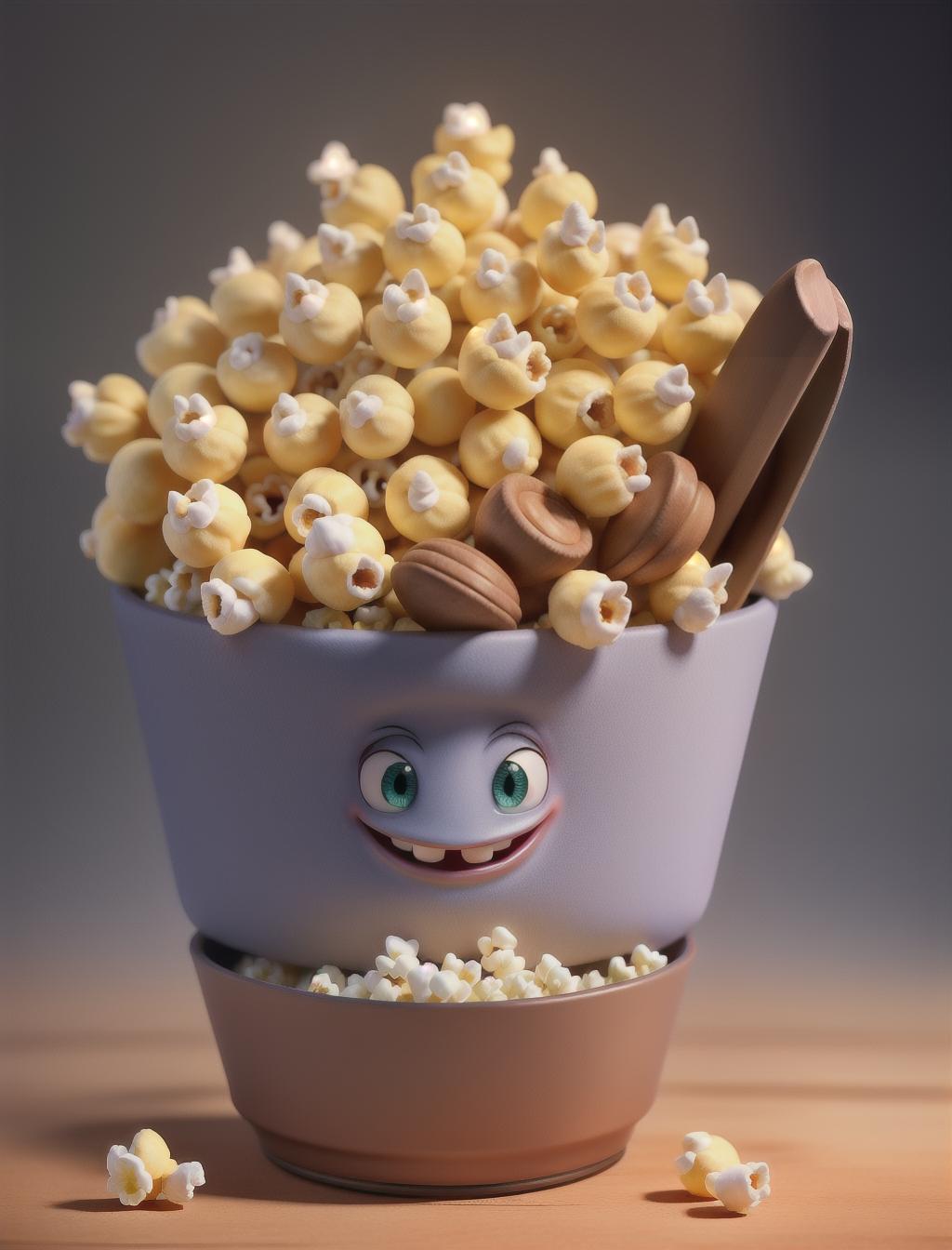  tub of popcorn with a happy face hyperrealistic, full body, detailed clothing, highly detailed, cinematic lighting, stunningly beautiful, intricate, sharp focus, f/1. 8, 85mm, (centered image composition), (professionally color graded), ((bright soft diffused light)), volumetric fog, trending on instagram, trending on tumblr, HDR 4K, 8K