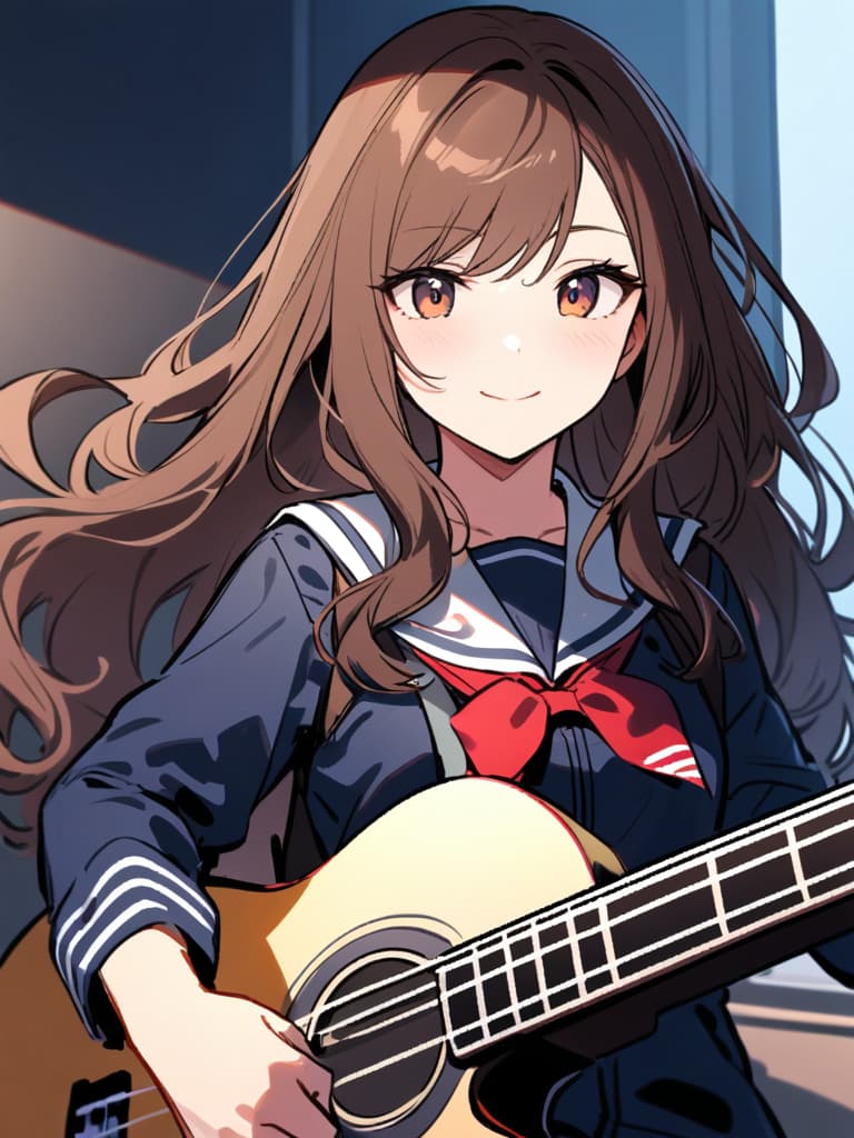  (beautiful girl:1.5){rock band girl:1.5}(brown hair:1.5)(long hair:1.7)(wavy hair:1.5)(with a electric bass guitar:2.0){in sailor uniform:1.7}{smiling}{playing guitar happily:2.0} {upper body}{in the classroom} masterpiece,high quality,16k,super analysis,correct finger position,correct number of fingers