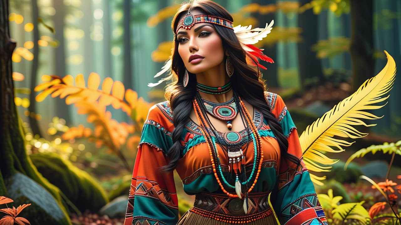  a vibrant display of intricate beadwork showcasing various patterns and colors, featuring traditional indigenous designs, surrounded by natural elements like feathers and stones, with a soft, earthy background that enhances the artwork's beauty. hyperrealistic, full body, detailed clothing, highly detailed, cinematic lighting, stunningly beautiful, intricate, sharp focus, f/1. 8, 85mm, (centered image composition), (professionally color graded), ((bright soft diffused light)), volumetric fog, trending on instagram, trending on tumblr, HDR 4K, 8K