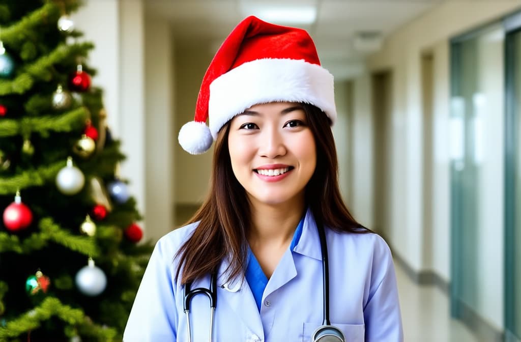  asian woman doctor in santa hat in hospital corridor on left, atmospheric, on right space for text (correct stethoscope), in back in blur christmas tree bokeh ar 3:2, (natural skin texture), highly detailed face, depth of field, hyperrealism, soft light, muted colors