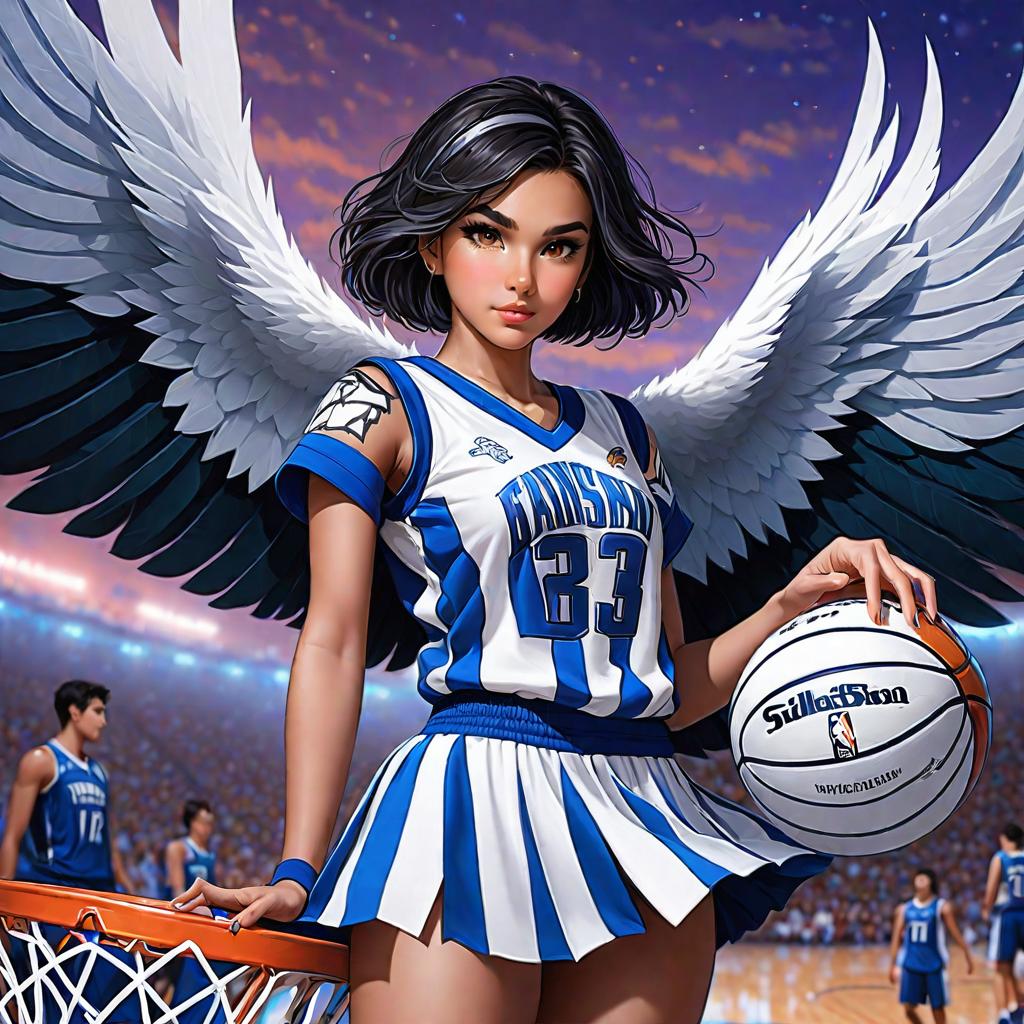  anime art very beautiful, harpy girl, light brown skin woman, brown eyes, black hair, short hair, has talons, has dark brown/black wings, narrow lips, angled eyebrows, roman nose, diamond shaped face, blue and white basket ball jersey, basketball court., award winning, professional, highly detailed, masterpiece