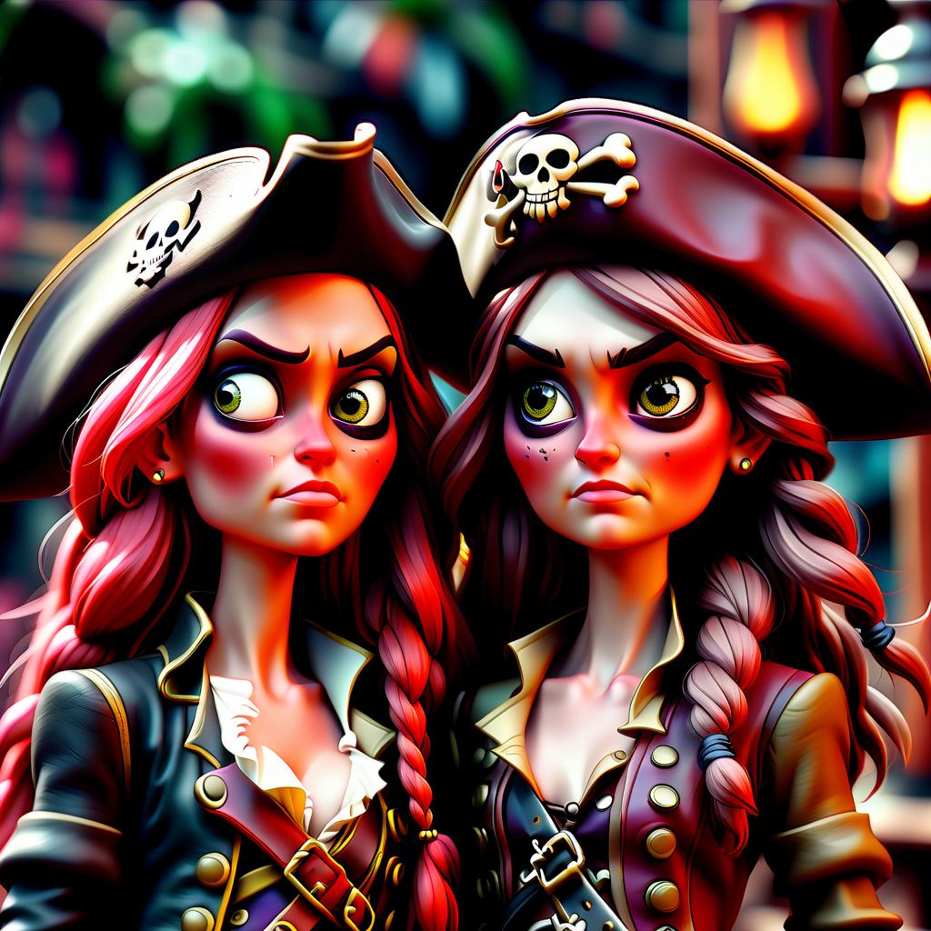  cinematic photo two pirate girls close up . 35mm photograph, film, bokeh, professional, 4k, highly detailed