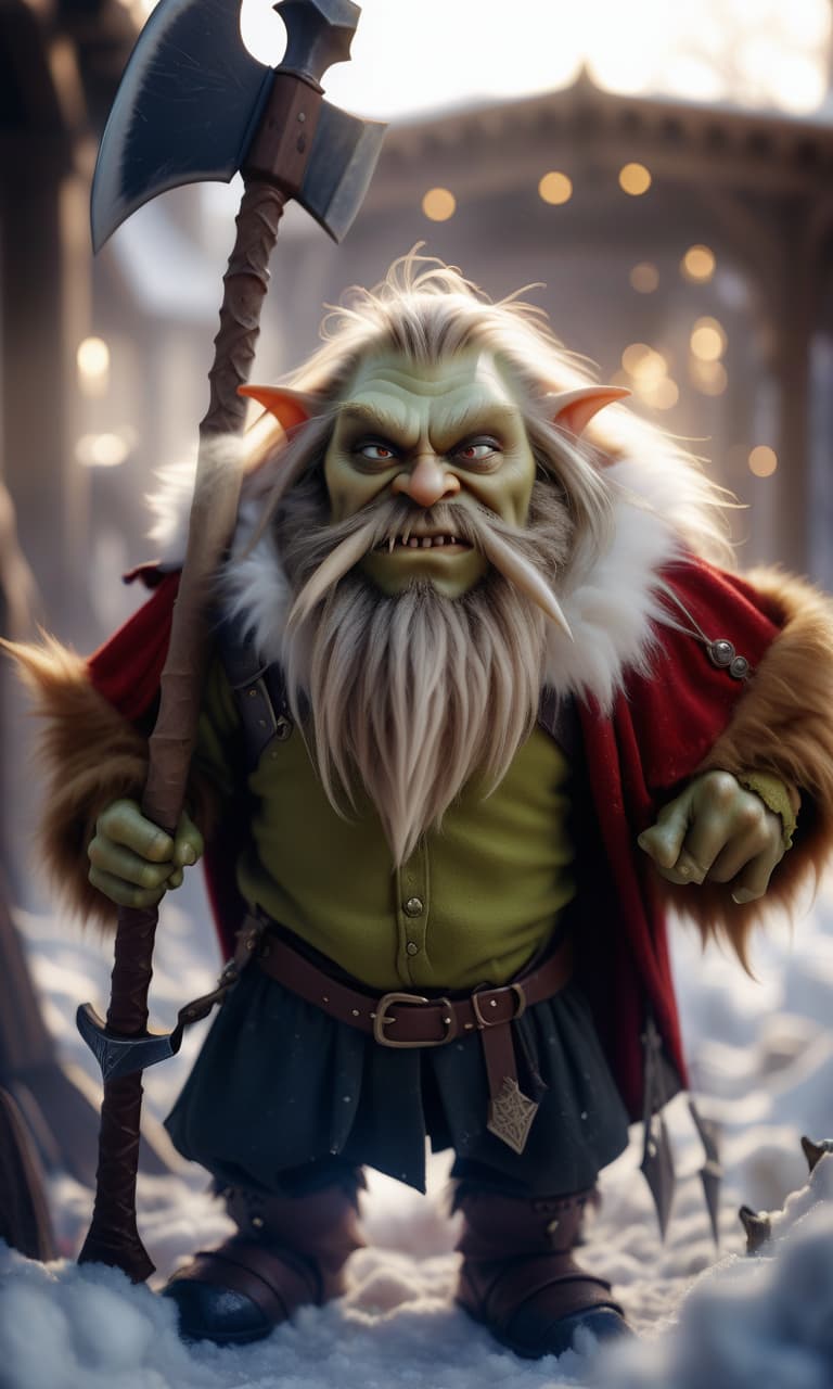  cinematic photo a goblin king with a beard, a mantle with a fluffy collar, holds a large axe on his shoulder. . 35mm photograph, film, bokeh, professional, 4k, highly detailed, perfecteyes, hkmagic