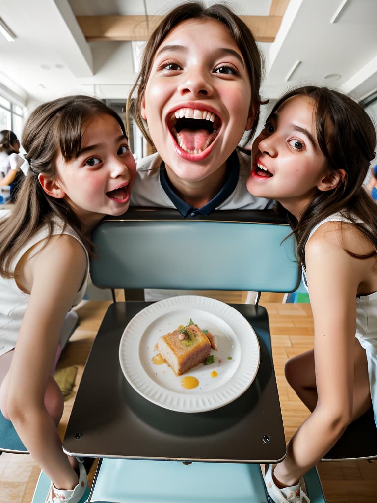  girls in a meal, first graders, large open mouths, sitting on chairs, dishes on the desk, dish in the mouth, masterpiece, best quality,8k,ultra detailed,high resolution,an extremely delicate and beautiful,hyper detail