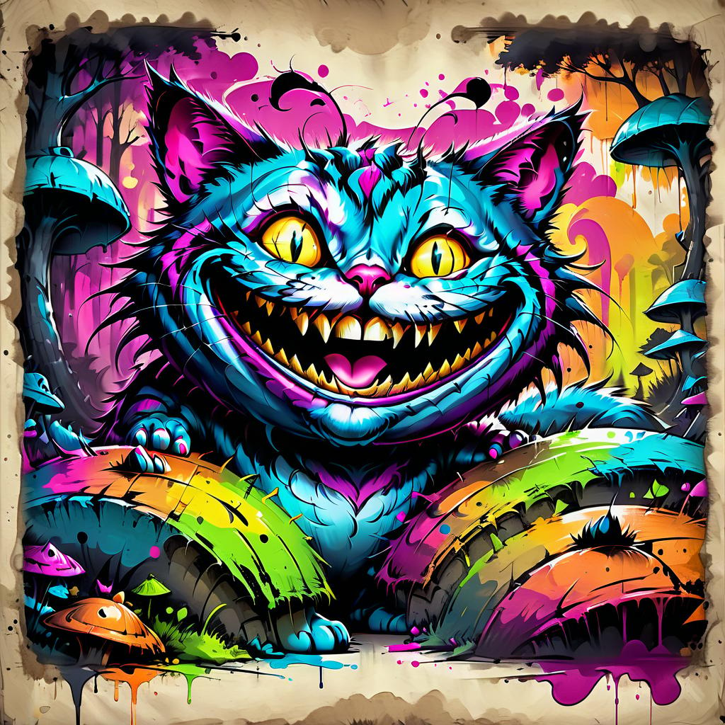  graffiti style cheshire cat smiles, in the background gradient forest and colored blotches . street art, vibrant, urban, detailed, tag, mural, t shirt design, on parchment