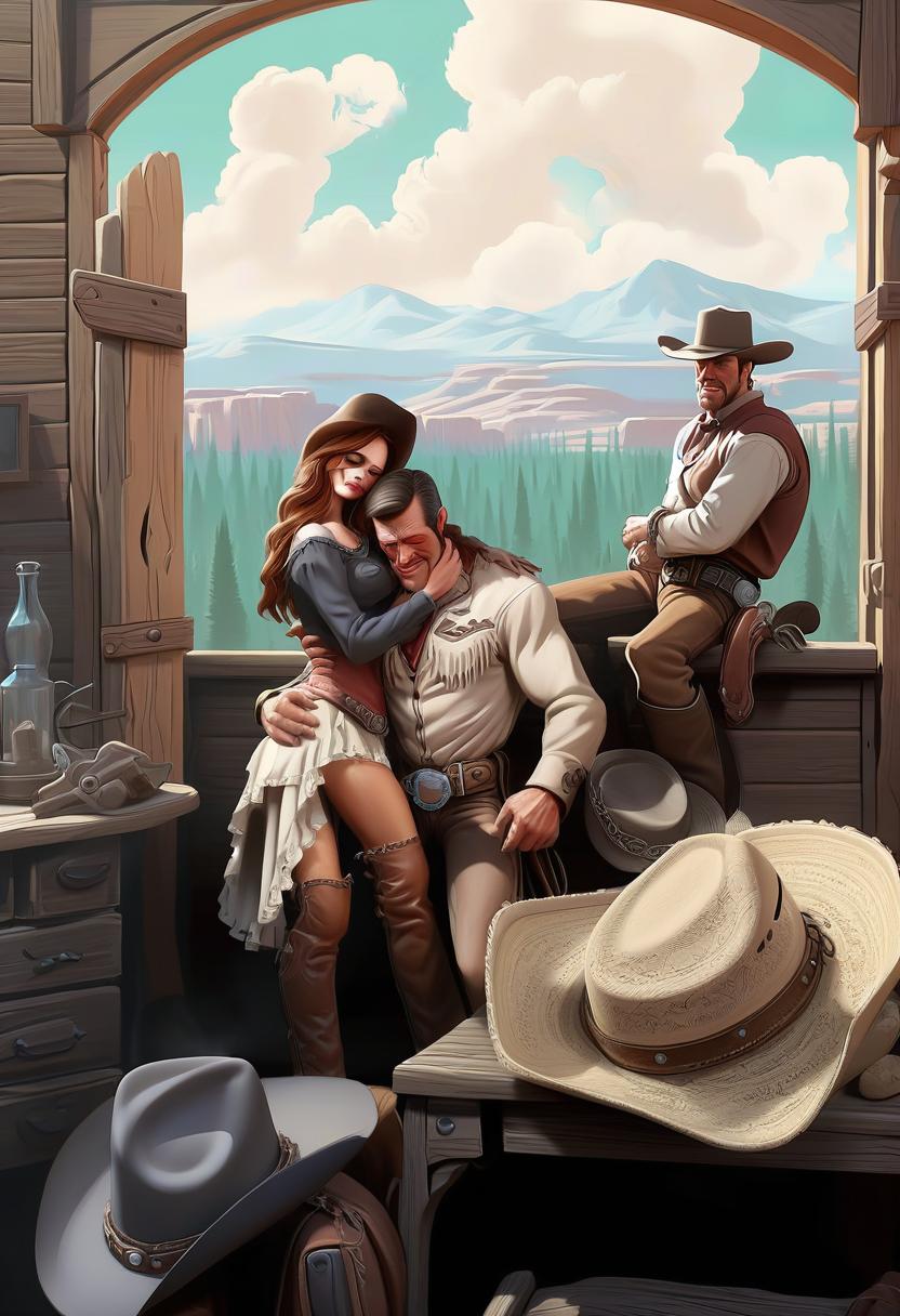  wild west. cowboy man hugs woman