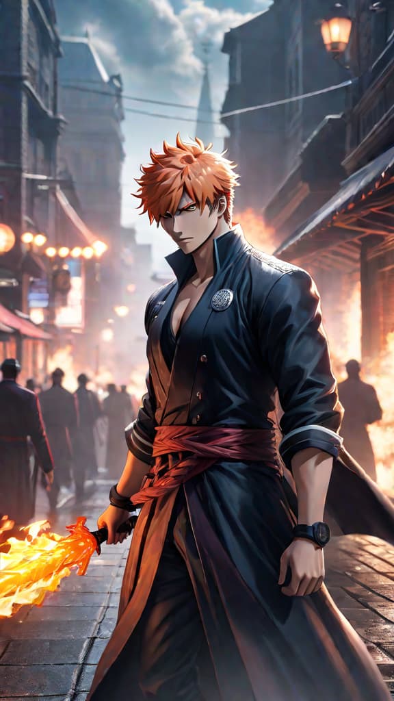  anime art: ichigo kurosaki's fusion of quincy and hollow powers gives him a unique edge in battle. hyperrealistic, full body, detailed clothing, highly detailed, cinematic lighting, stunningly beautiful, intricate, sharp focus, f/1. 8, 85mm, (centered image composition), (professionally color graded), ((bright soft diffused light)), volumetric fog, trending on instagram, trending on tumblr, HDR 4K, 8K