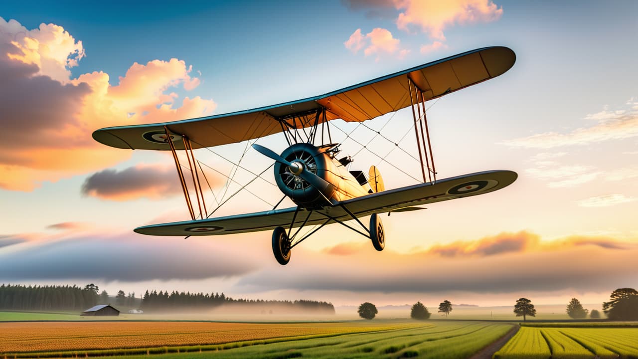  a vintage biplane soaring above a tranquil landscape, dotted with early 20th century airfields and wooden hangars, under a clear blue sky with wispy clouds, capturing the essence of the dawn of general aviation. hyperrealistic, full body, detailed clothing, highly detailed, cinematic lighting, stunningly beautiful, intricate, sharp focus, f/1. 8, 85mm, (centered image composition), (professionally color graded), ((bright soft diffused light)), volumetric fog, trending on instagram, trending on tumblr, HDR 4K, 8K