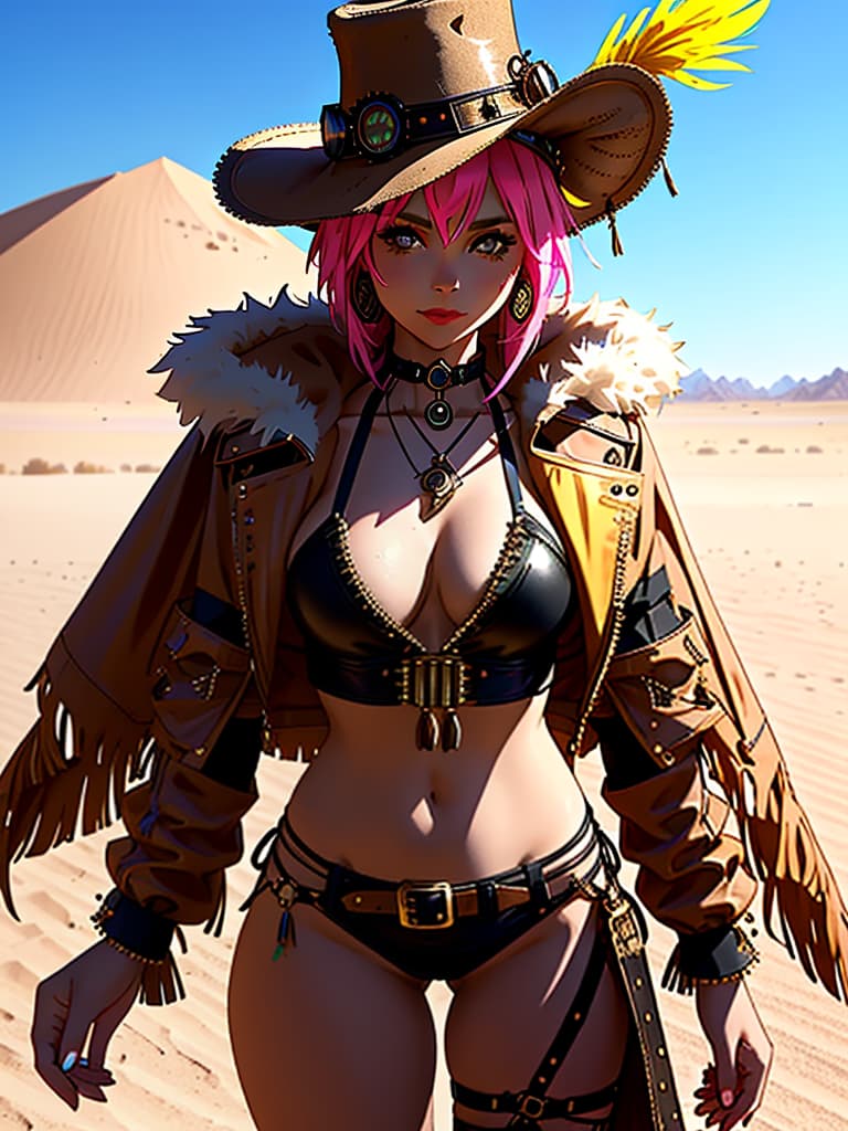  A medium, photo of a female influencer on the desert festival, dressed in a revealing rave outfit, decorated with fringe, bright outfit, steampunk style, daytime, desert background, sharp focus, cinematic, hd