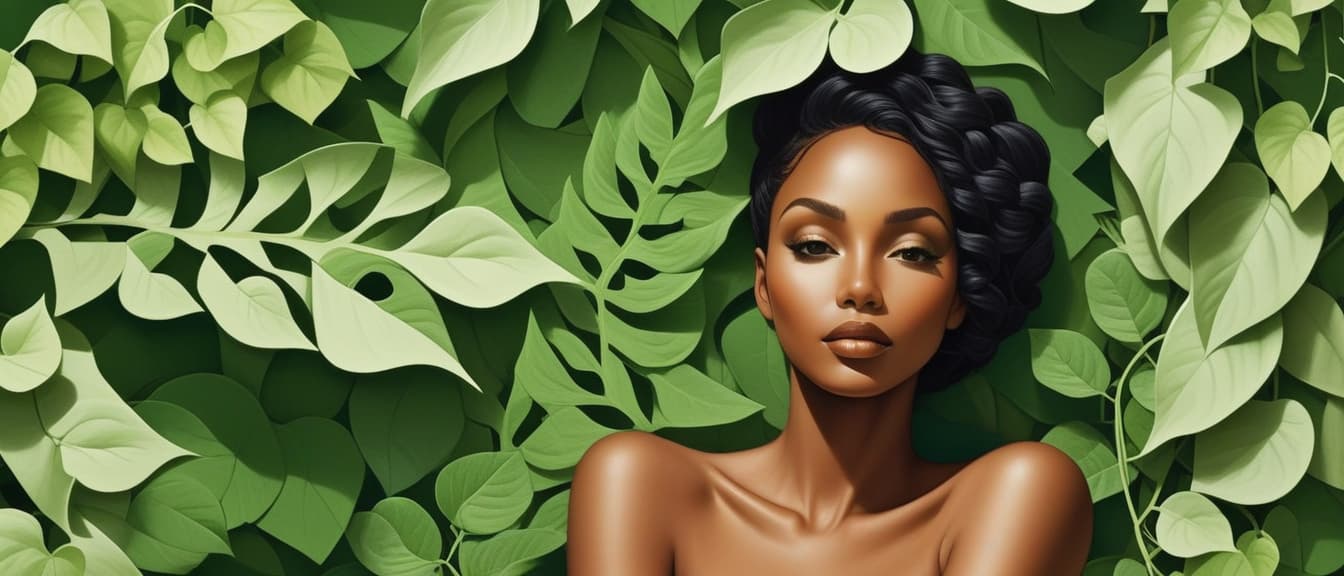  minimalism, a beautiful black woman surrounded by green vines. their entire body., abstract, simple geometic shapes, hard edges, sleek contours, minimalism