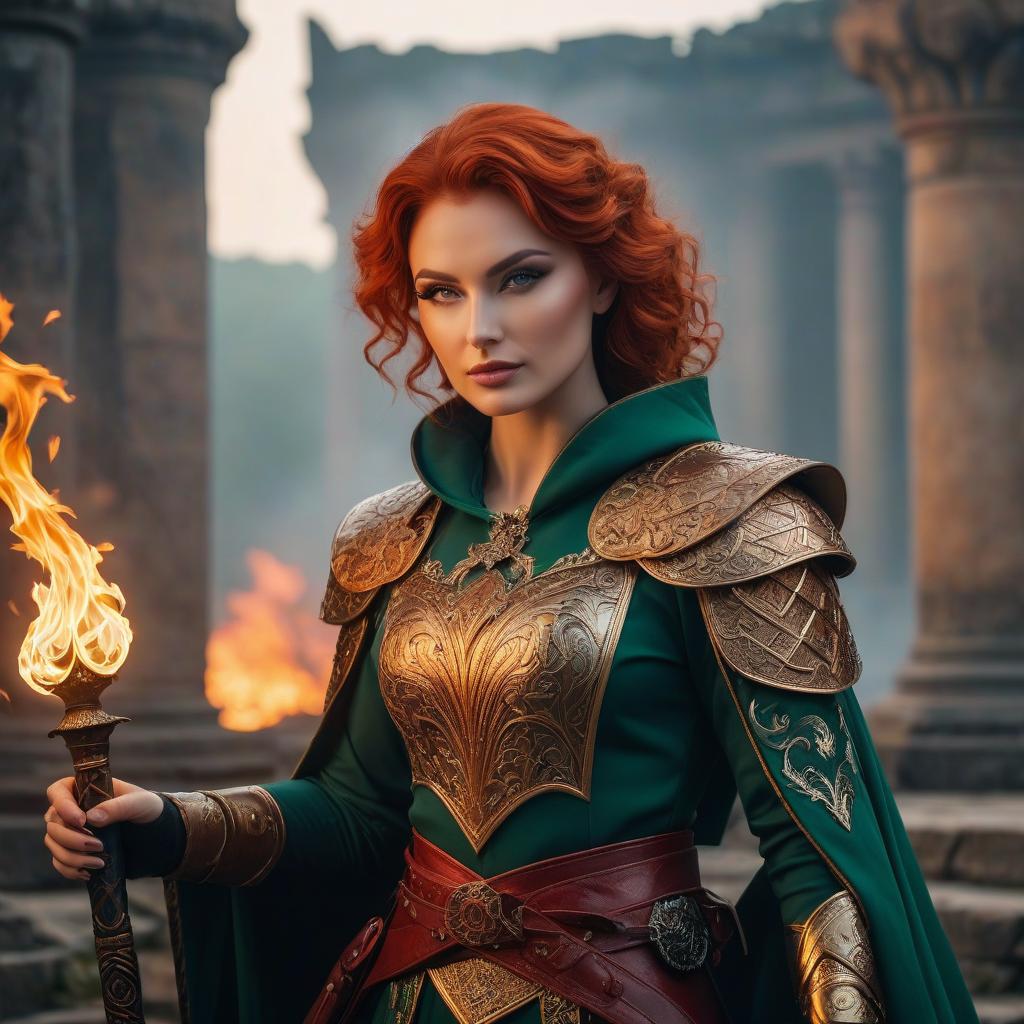  cinematic photo beautiful girl magician with bright appearance: green eyes, curly flame red hair, wise face. the handsome physique is visible under robes adorned with small armor, both embroidered with phoenixes and flames. in one hand she wields a staff, and in the other above his palm a flame showing the demon's face. put it in a mythical setting with archaic ruins in the background in full growth overall plan . 35mm photograph, film, bokeh, professional, 4k, highly detailed, hkmagic hyperrealistic, full body, detailed clothing, highly detailed, cinematic lighting, stunningly beautiful, intricate, sharp focus, f/1. 8, 85mm, (centered image composition), (professionally color graded), ((bright soft diffused light)), volumetric fog, trending on instagram, trending on tumblr, HDR 4K, 8K