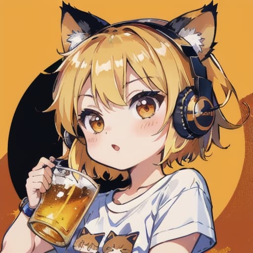  master piece , best quality,chibi chara holding beer in one hand background autumn cat ear headphones t shirt cute singing short blonde hair face up