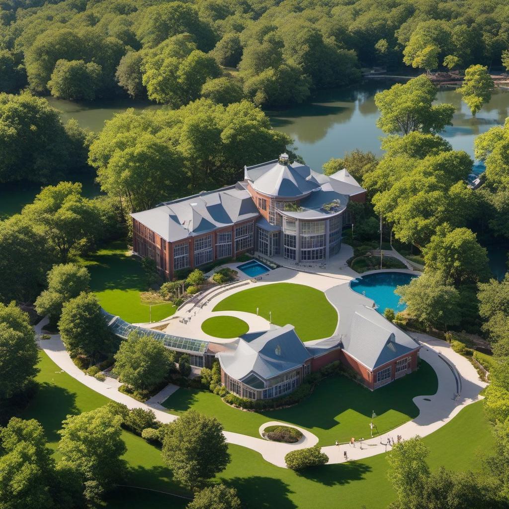  ideal high school exterior aerial over a treehouse and ponds, grand entrance, big arches and windows, profile image style