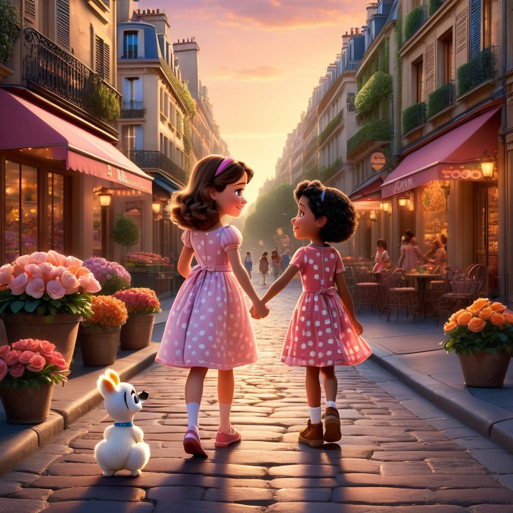  in 3d animated movie style. disney pixar style. paris, , curious, friendly, and a shy, in a pink dress with white polka dots, holding hands with mrs. lily, a cheerful in a flowery dress, accompanied by coco, a comforting stuffed toy. walking as the sun sets, paris excitedly shares her day's adventures, ed in a warm, inviting glow. high resolution pixar 3d animated film style with warm tones and soft, bright lights, bird's eye view focusing on paris, mrs. lily, and coco walking together.