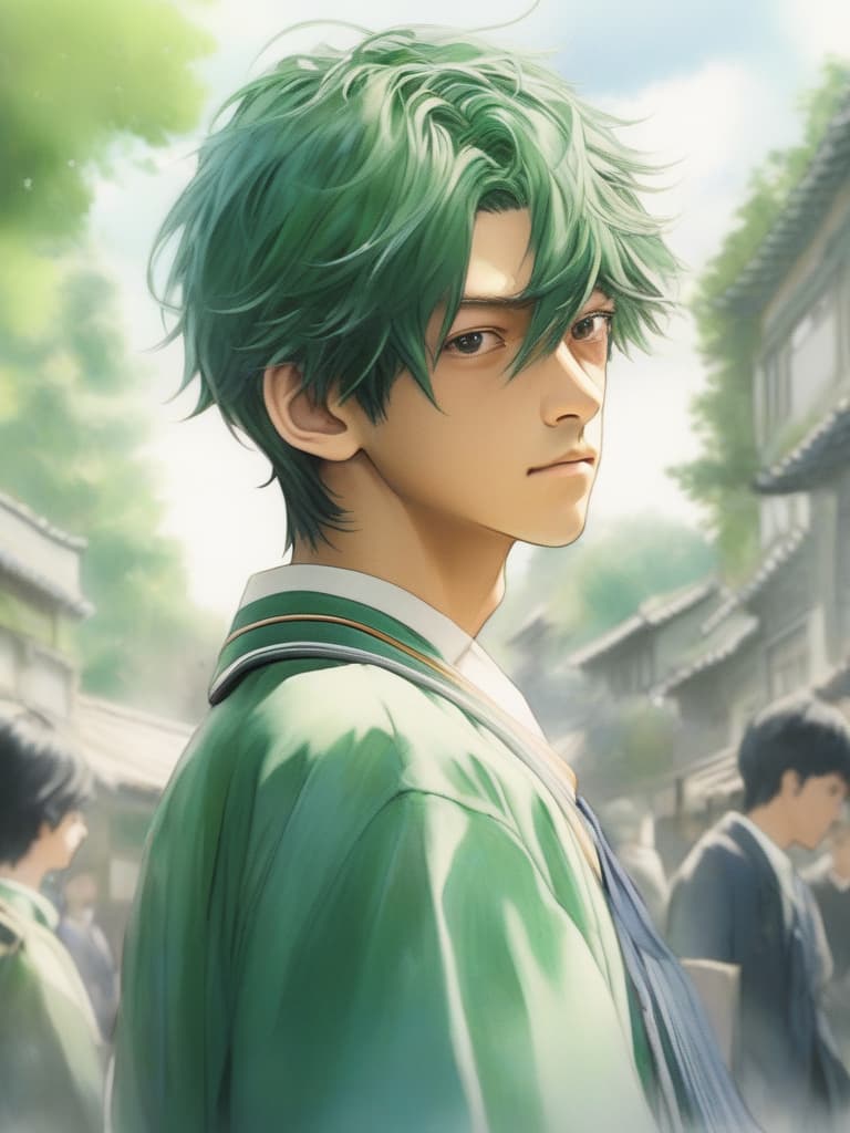  green hair character shun oguri, summer school uniform (boy), hairpin on hair, masterpiece, best quality,8k,ultra detailed,high resolution,an extremely delicate and beautiful,hyper detail