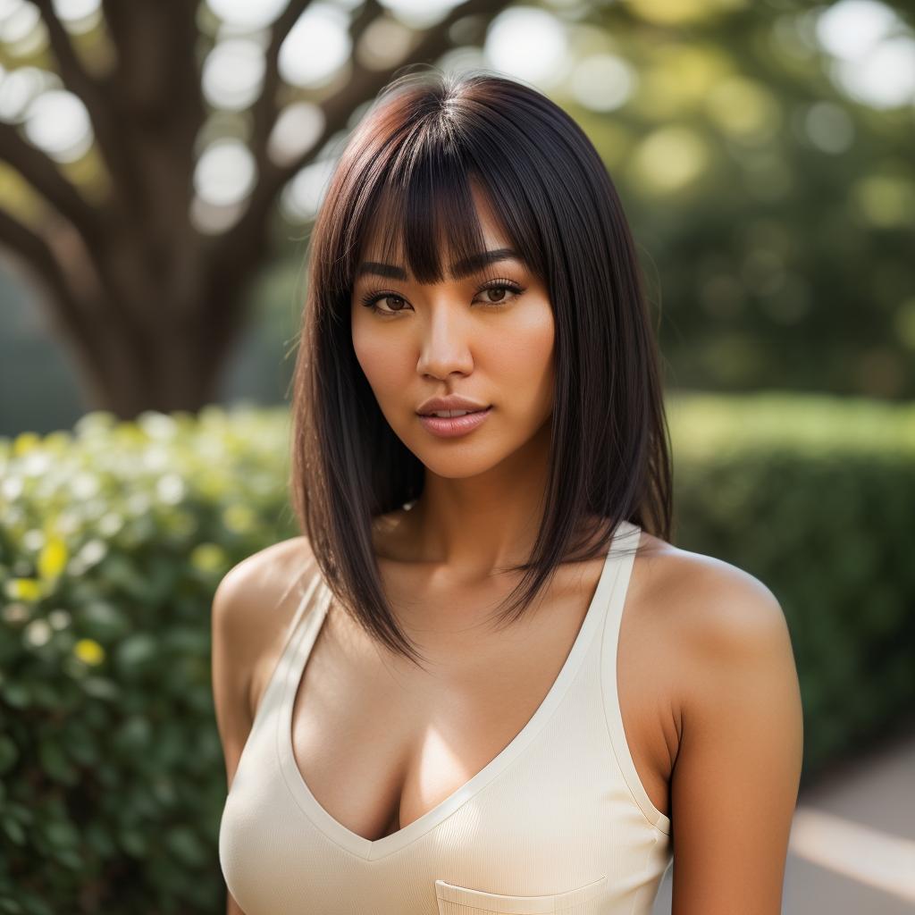  (((realistic full torso frontal head shot of a light tan skin tone woman))), asami maki shimada, ((japanese heritage)), immature face, brown eye color, ((bangs hair style)), ((black hair color)), (( body type)), big size, athletic size, (immature straight broad nose), (immature high cheekbones), (immature soft jawline), (immature full lips), (immature prominent forehead), (immature even eyebrows), (immature rounded chin), standing straight looking directly into the camera,((wearing fitted polo shirt with deep v neck and monogrammed pocket)), backyard in background, 1girl, best quality, highest quality, award winning photo, masterpiece, raw, professional photography, photorealism, sharp focus, cinematic, high resolutio hyperrealistic, full body, detailed clothing, highly detailed, cinematic lighting, stunningly beautiful, intricate, sharp focus, f/1. 8, 85mm, (centered image composition), (professionally color graded), ((bright soft diffused light)), volumetric fog, trending on instagram, trending on tumblr, HDR 4K, 8K