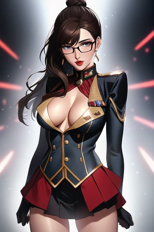  25 y.o. Gal Gadot, US marines uniform, medium breasts, carmin red lips, glasses, bun, cleavage, split skirt hyperrealistic, full body, detailed clothing, highly detailed, cinematic lighting, stunningly beautiful, intricate, sharp focus, f/1. 8, 85mm, (centered image composition), (professionally color graded), ((bright soft diffused light)), volumetric fog, trending on instagram, trending on tumblr, HDR 4K, 8K