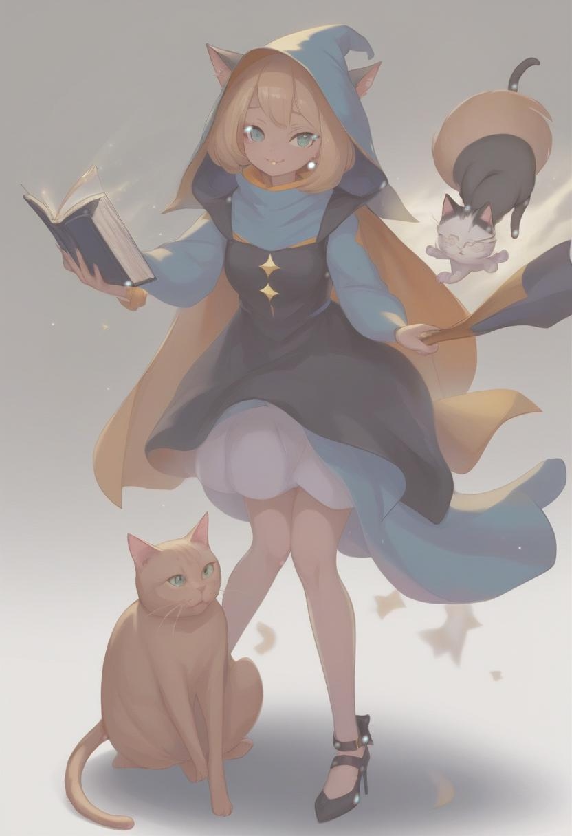  wizard witch next to her in the air a magical bald cat with a book