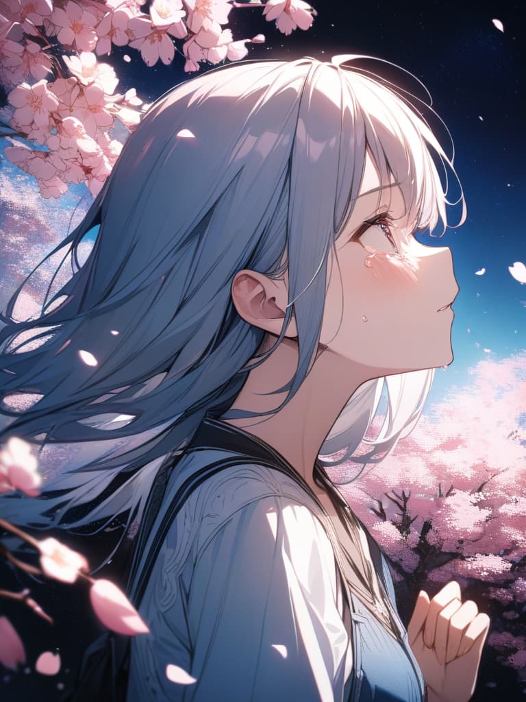  moon, starry sky, looking up at the sky, tears, girls, painful, cherry blossoms, cherry blossom petals scatter, profile, loli, masterpiece, best quality,8k,ultra detailed,high resolution,an extremely delicate and beautiful,hyper detail