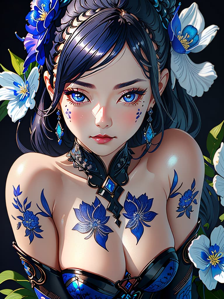  Close-up porcelain female figurine, looking to the camera, glossy surface, glaze, shiny, blue floral tattoos on her, dark gradient background, baroque dark style, hyperrealistic, CG society, intricate details