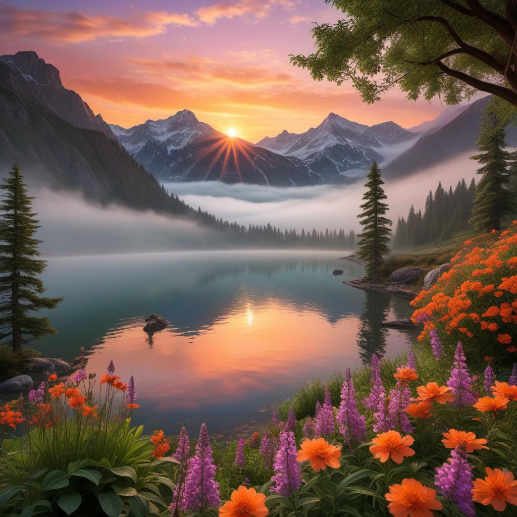  A beautiful sunset landscape, featuring a vibrant sky filled with shades of orange, pink, and purple as the sun sets on the horizon. Below, a serene lake reflects the colorful sky, surrounded by lush green trees. Silhouettes of mountains can be seen in the distance, adding depth to the scene. The foreground is adorned with wildflowers, creating a picturesque, tranquil atmosphere. hyperrealistic, full body, detailed clothing, highly detailed, cinematic lighting, stunningly beautiful, intricate, sharp focus, f/1. 8, 85mm, (centered image composition), (professionally color graded), ((bright soft diffused light)), volumetric fog, trending on instagram, trending on tumblr, HDR 4K, 8K