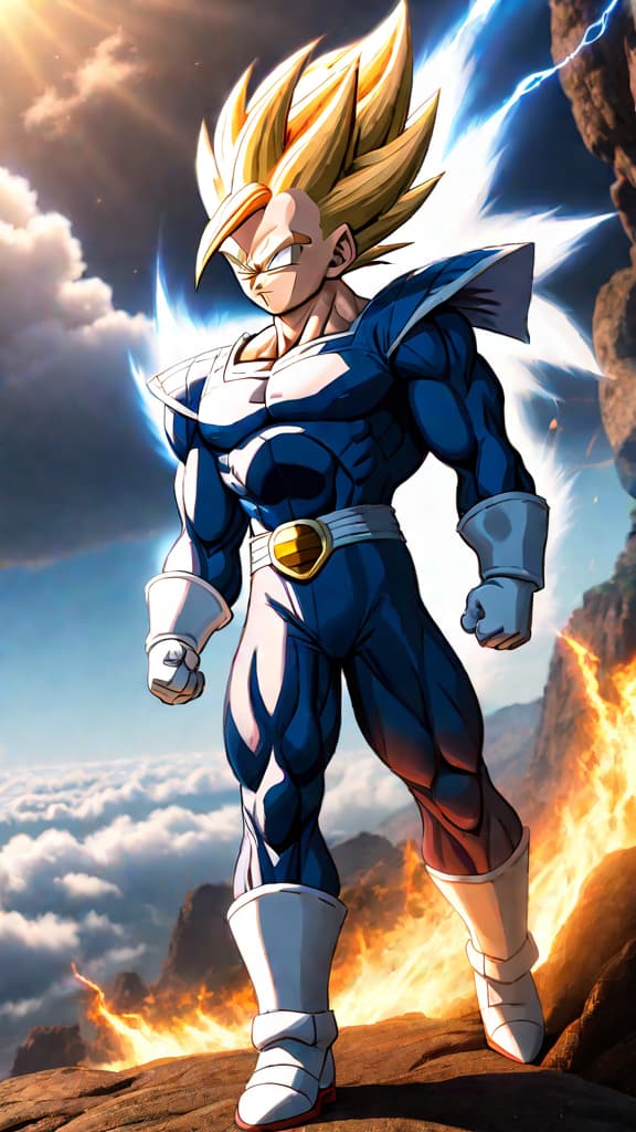  anime art: vegeta's ultra ego amplifying strength through pain, contrasting goku's serene ultra instinct. hyperrealistic, full body, detailed clothing, highly detailed, cinematic lighting, stunningly beautiful, intricate, sharp focus, f/1. 8, 85mm, (centered image composition), (professionally color graded), ((bright soft diffused light)), volumetric fog, trending on instagram, trending on tumblr, HDR 4K, 8K