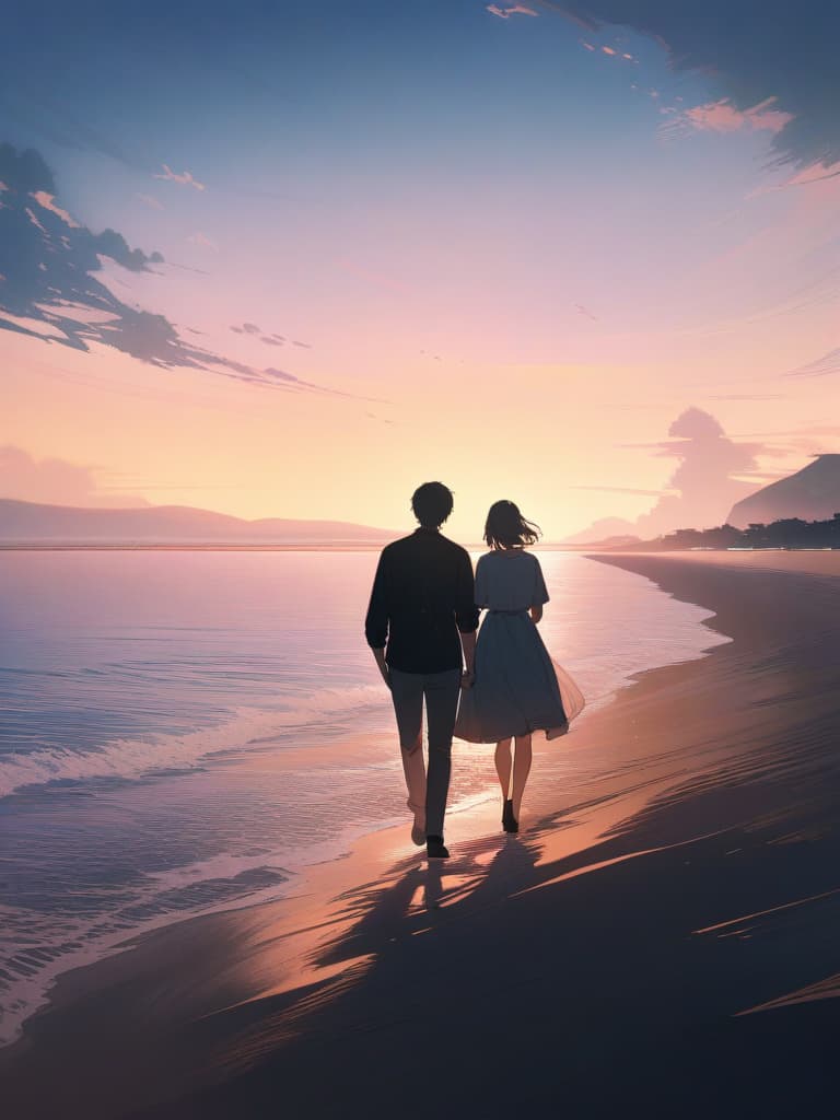  couples walking on the sandy beach, the whole body, the sky is evening sky, the background is the sea, two people are walking with two people, masterpiece, best quality,8k,ultra detailed,high resolution,an extremely delicate and beautiful,hyper detail